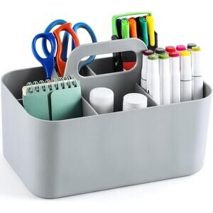 Portable Organizer Caddy with Handle Divided Storage Bin Desk Bathroom Grey